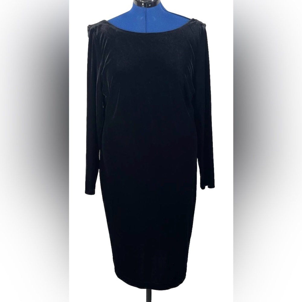 Chaps Black Velvet Dress Plus Sz 16 Back Cowlneck Long sleeves Formal Cocktail